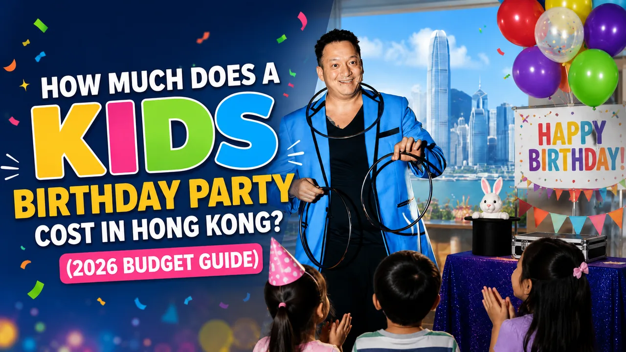 Magician Jose performing a linking rings act for kids at a Hong Kong birthday party with balloons and Happy Birthday banner